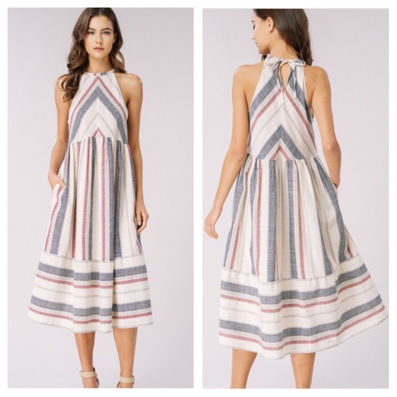 Midi Dress Striped Woven Halter w/ Pockets - Picture 3 of 8